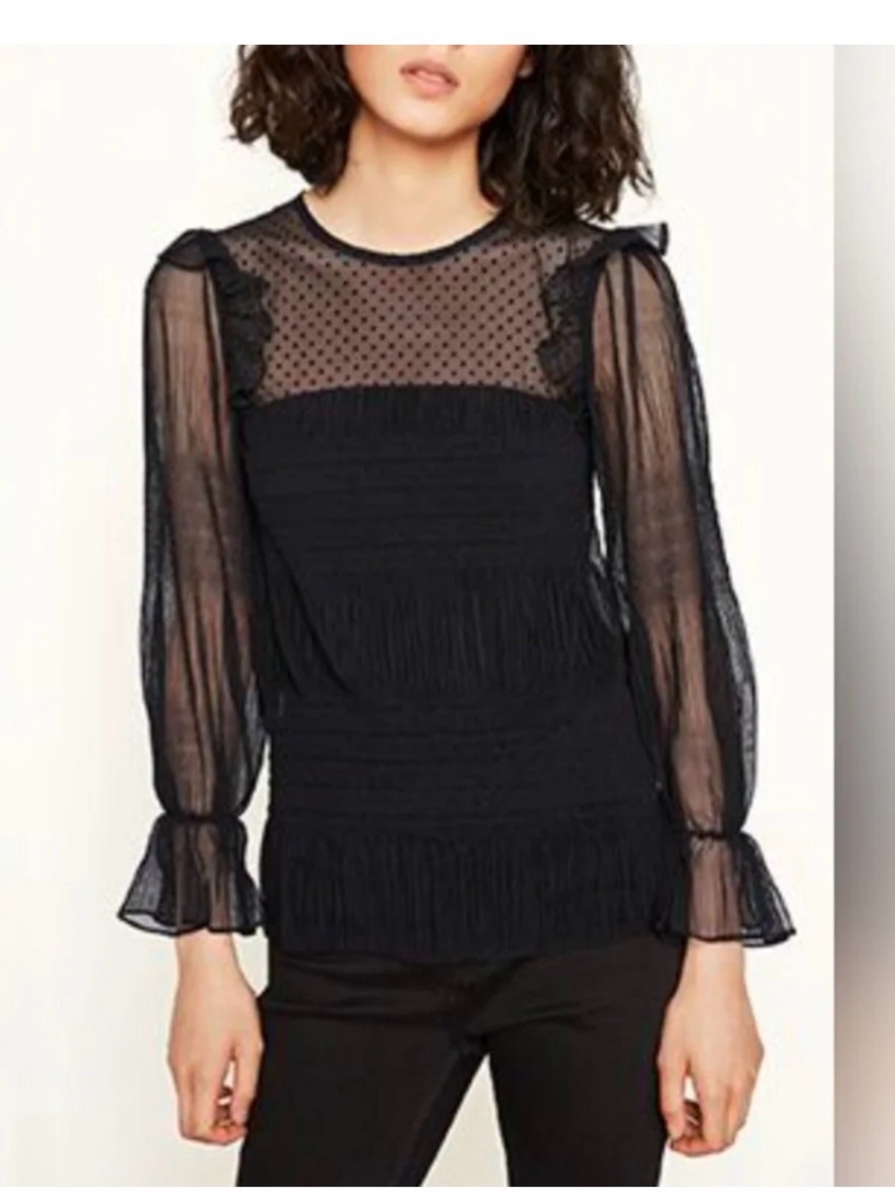 Maje Black Sheer Dotted Yoke Ruffle Long-Sleeve Top